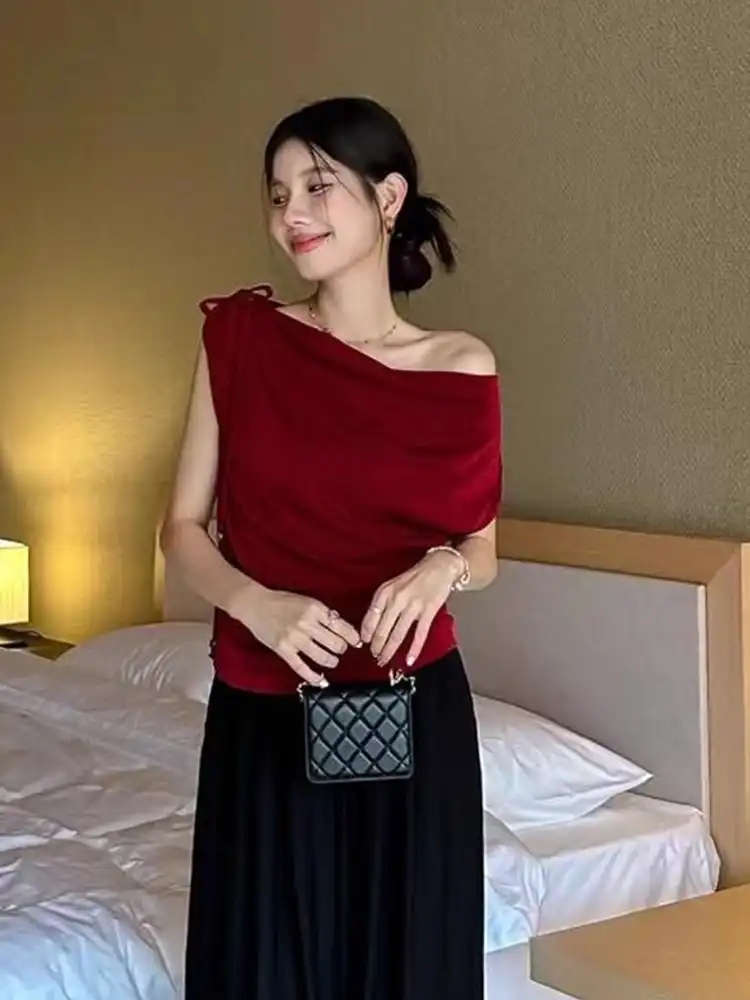 Product image of Elegant Draped Neck Sleeveless Top - Red Asymmetrical Design