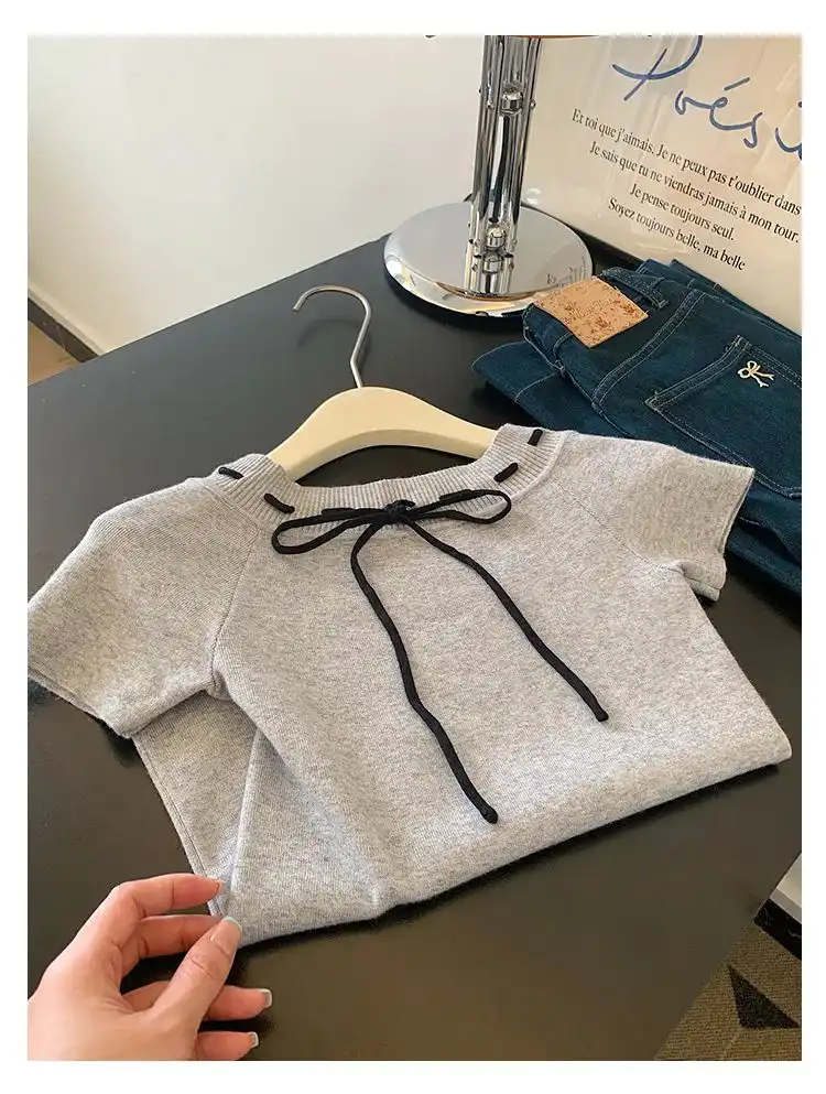 Product image of Grey Bow Knit T-Shirt | Stylish Short Sleeve Top