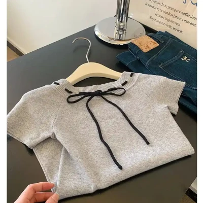 Grey Bow Knit T-Shirt | Stylish...