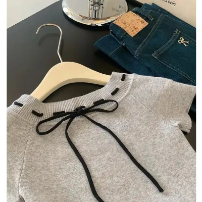 Grey Bow Knit T-Shirt | Stylish...
