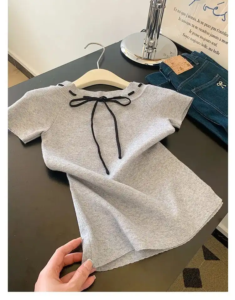 Product image of Grey Bow Knit T-Shirt | Stylish Short Sleeve Top