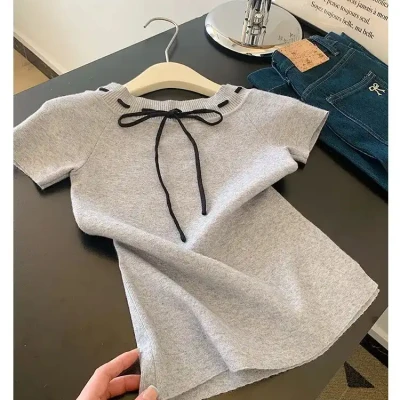 Grey Bow Knit T-Shirt | Stylish...