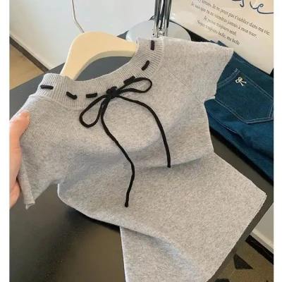 Grey Bow Knit T-Shirt | Stylish...