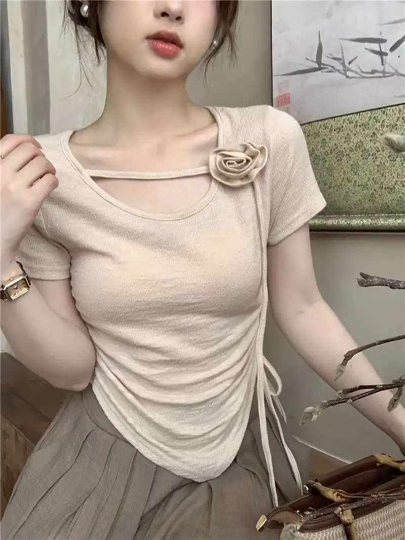 Product image of Sweetheart Neck Pink Crop Top with Rose Detail & Drawstring