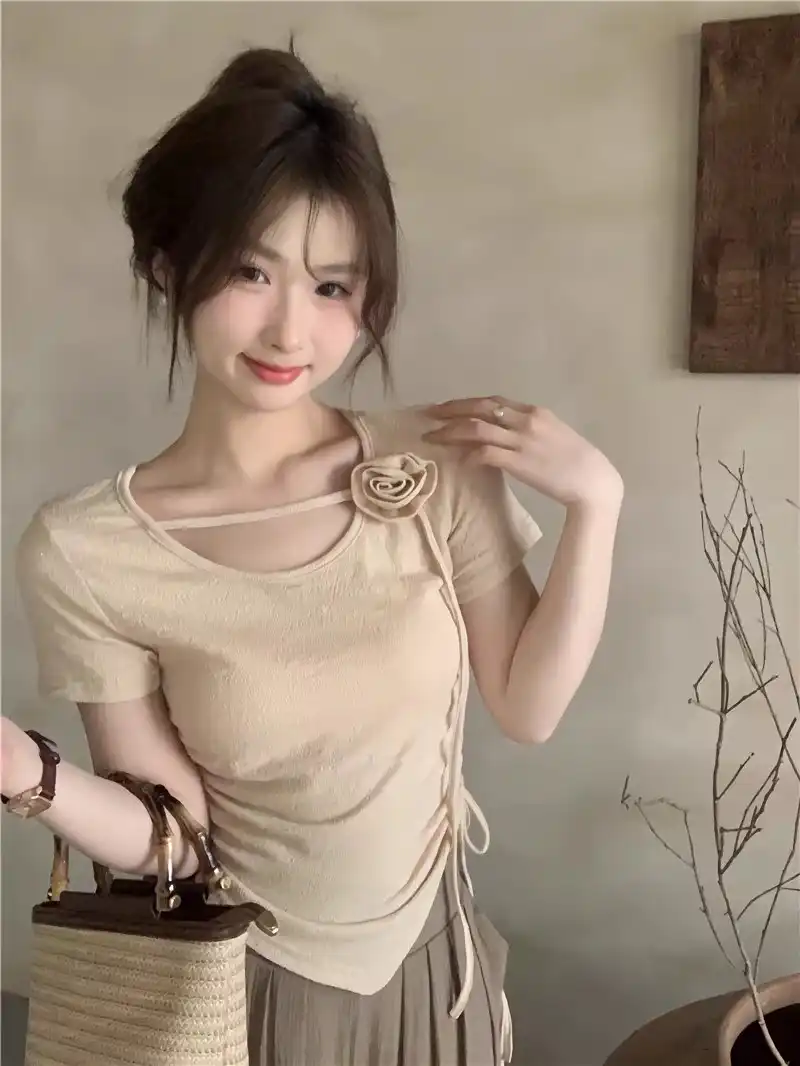 Product image of Sweetheart Neck Pink Crop Top with Rose Detail & Drawstring