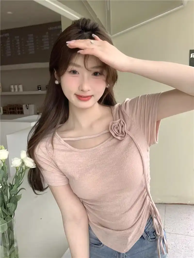 Product image of Sweetheart Neck Pink Crop Top with Rose Detail & Drawstring