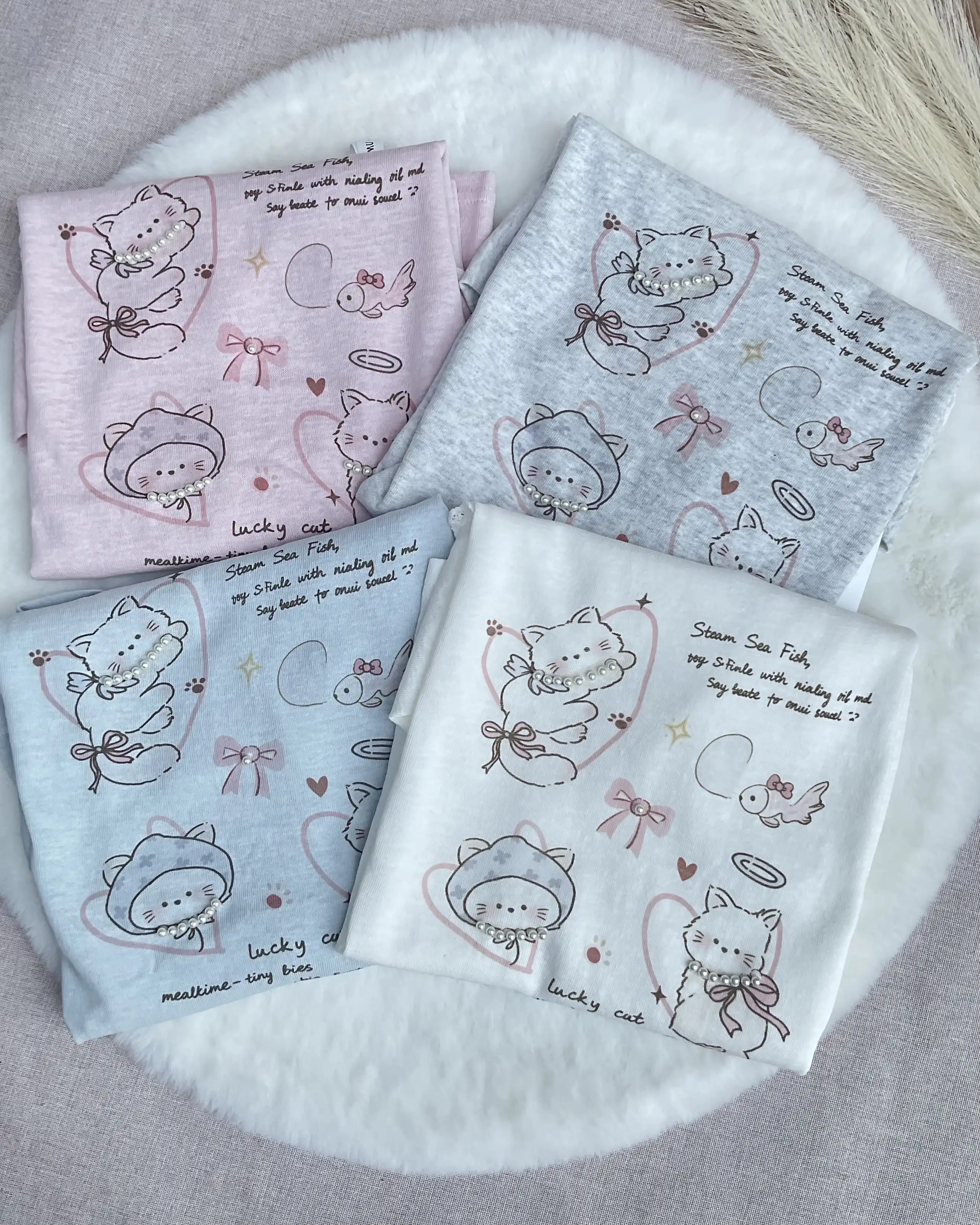 Product image of Tencel Breeze Full Sleeve Tee -  Lucky Cat With Pearl & Lace Detail