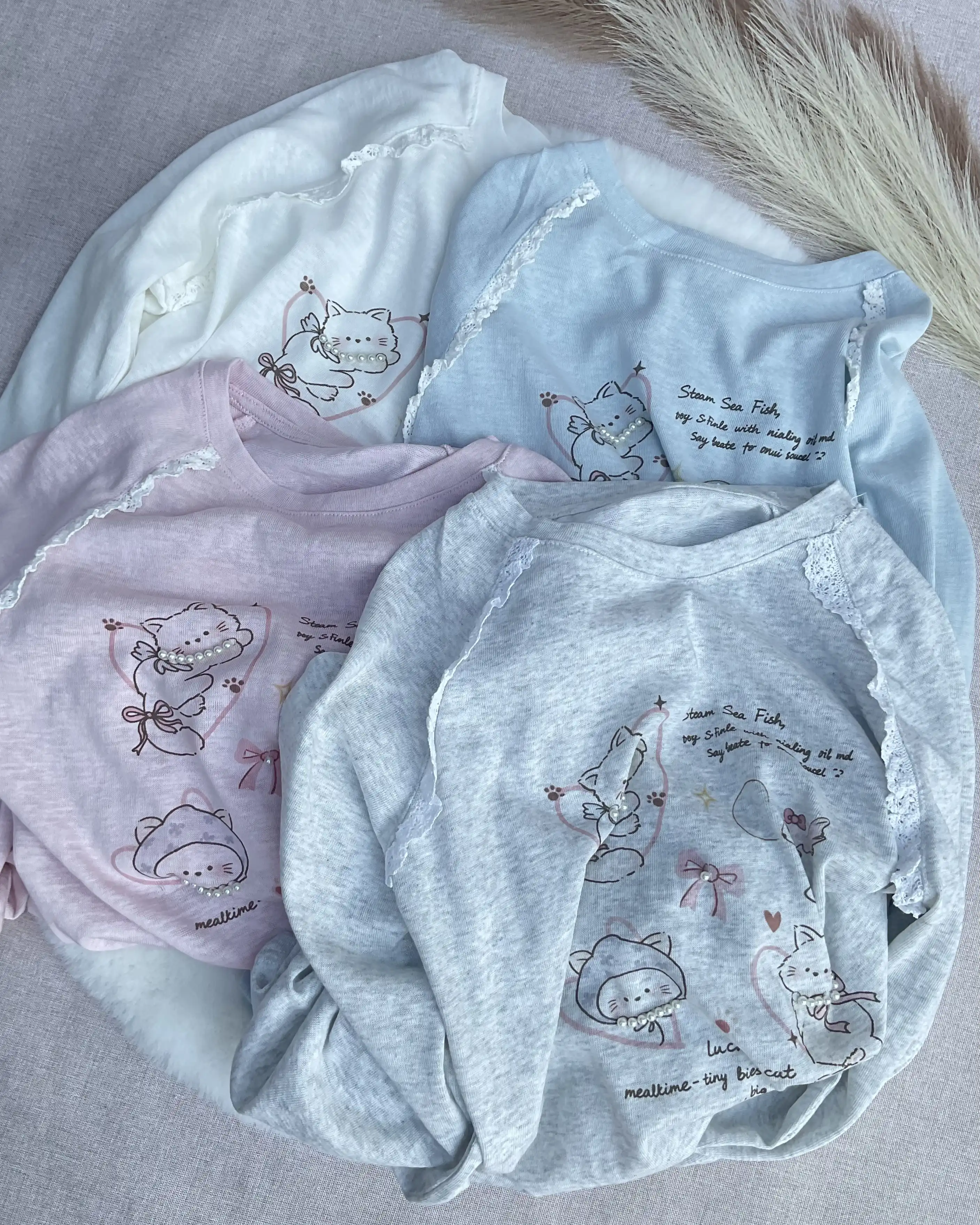 Product image of Tencel Breeze Full Sleeve Tee -  Lucky Cat With Pearl & Lace Detail