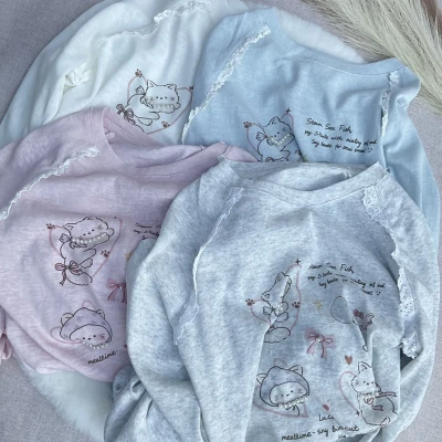 Tencel Breeze Full Sleeve Tee -  Lucky Cat With Pearl & Lace...