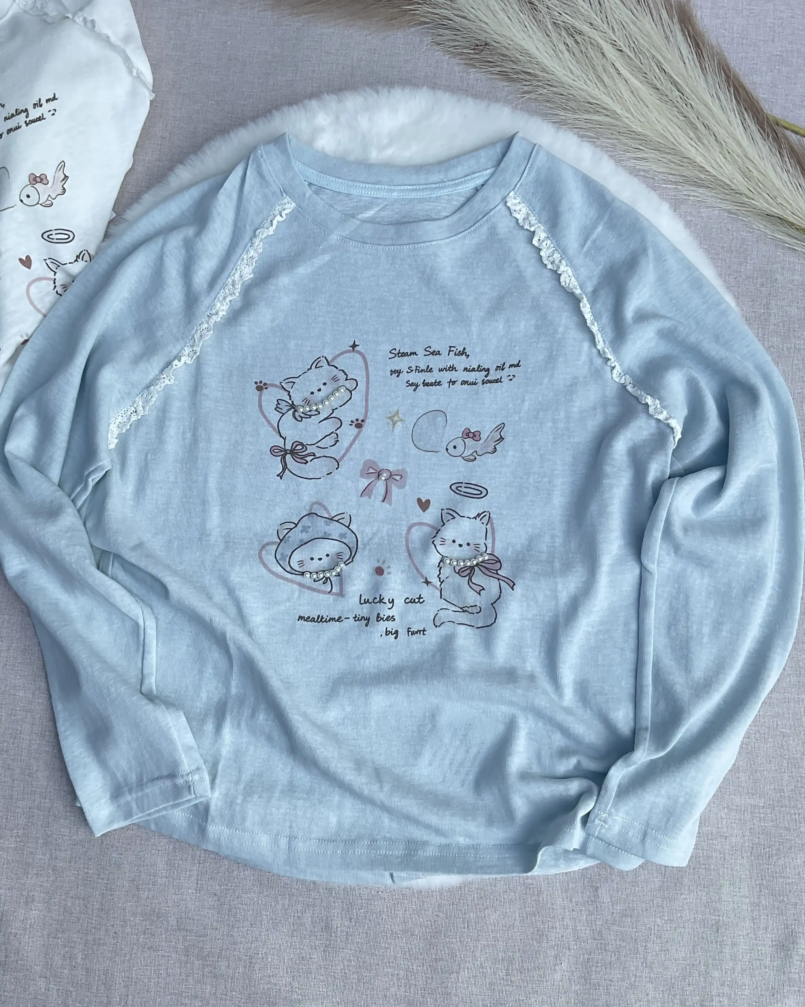 Product image of Tencel Breeze Full Sleeve Tee -  Lucky Cat With Pearl & Lace Detail