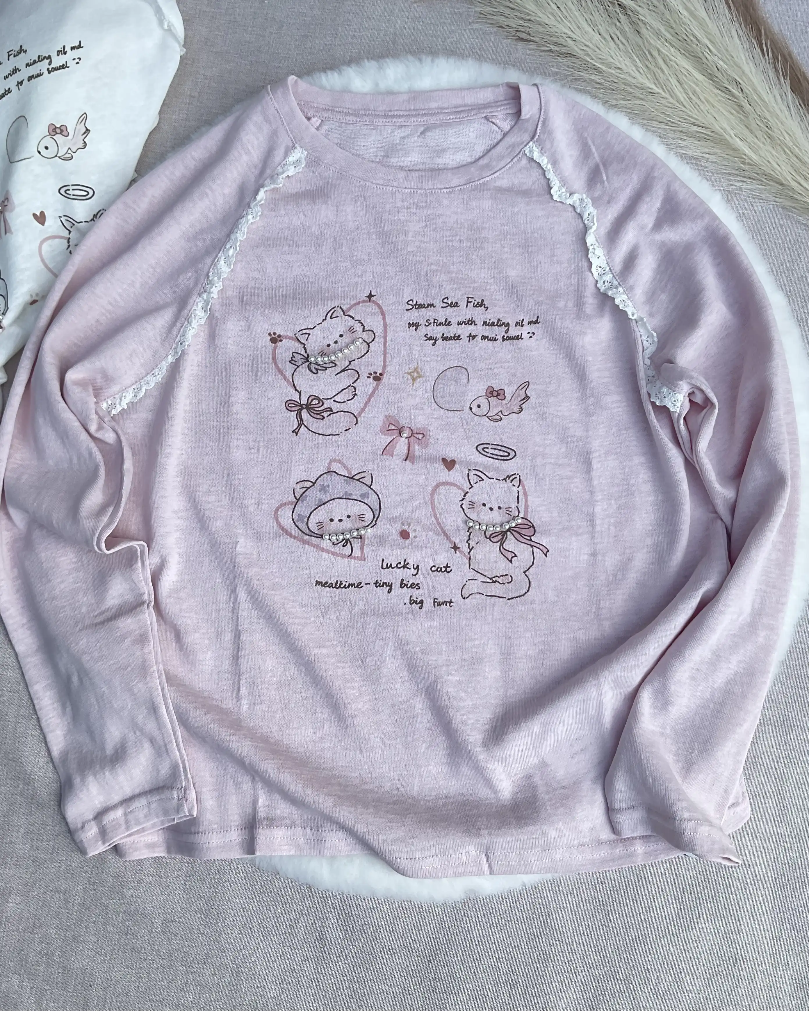 Product image of Tencel Breeze Full Sleeve Tee -  Lucky Cat With Pearl & Lace Detail