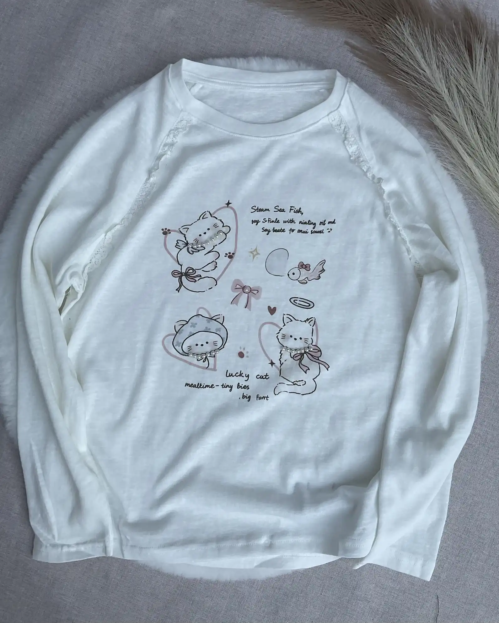 Product image of Tencel Breeze Full Sleeve Tee -  Lucky Cat With Pearl & Lace Detail