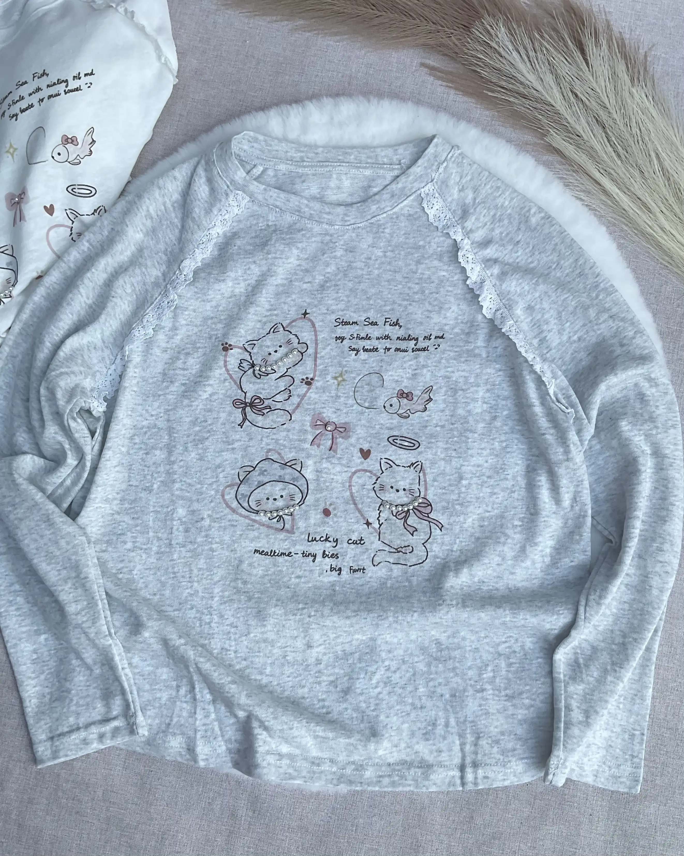 Product image of Tencel Breeze Full Sleeve Tee -  Lucky Cat With Pearl & Lace Detail