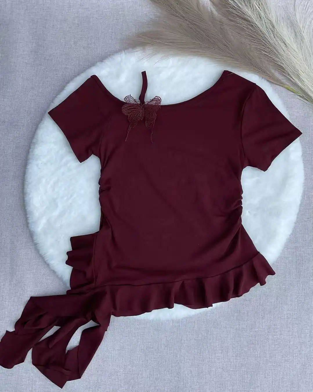 Product image of Butterfly Detail Asymmetric Ruffle Hem Ruched Tee