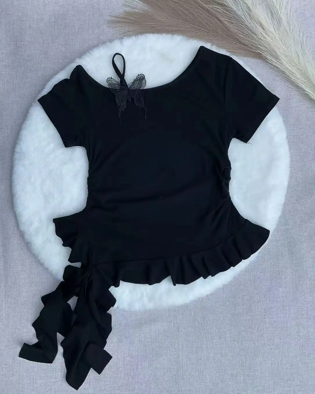 Product image of Butterfly Detail Asymmetric Ruffle Hem Ruched Tee