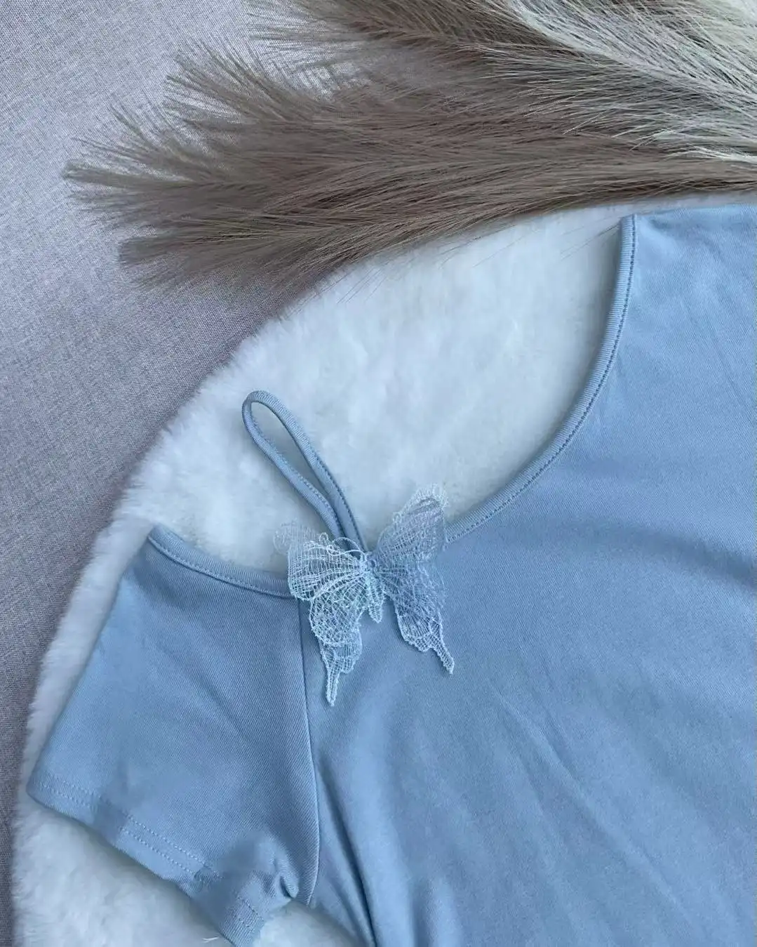 Product image of Butterfly Detail Asymmetric Ruffle Hem Ruched Tee