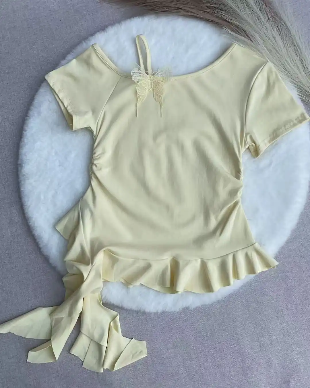 Product image of Butterfly Detail Asymmetric Ruffle Hem Ruched Tee