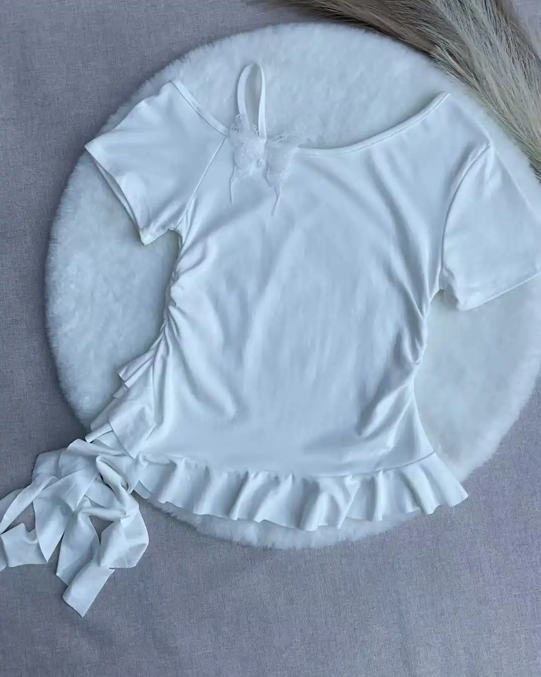 Product image of Butterfly Detail Asymmetric Ruffle Hem Ruched Tee