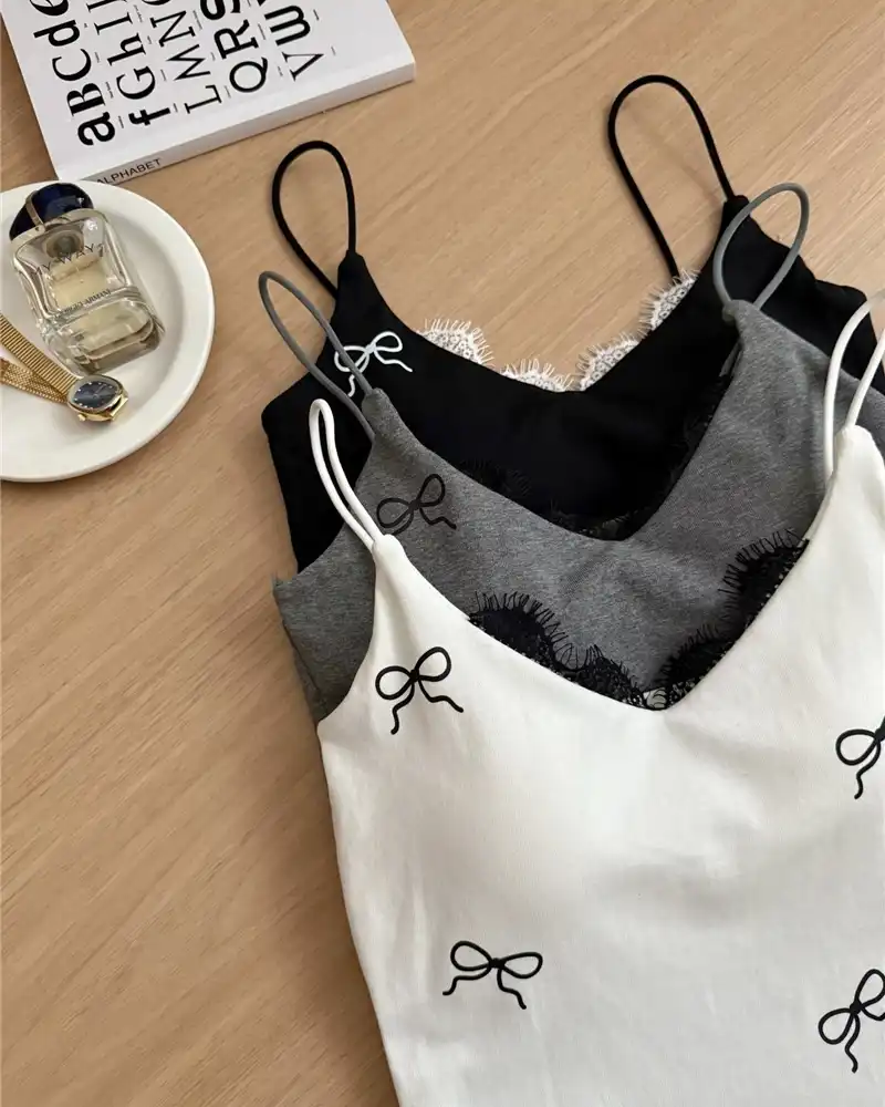 Ribbon Print Lace-Trimmed Camisole with Integrated Padding