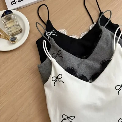 Ribbon Print Lace-Trimmed Camis...