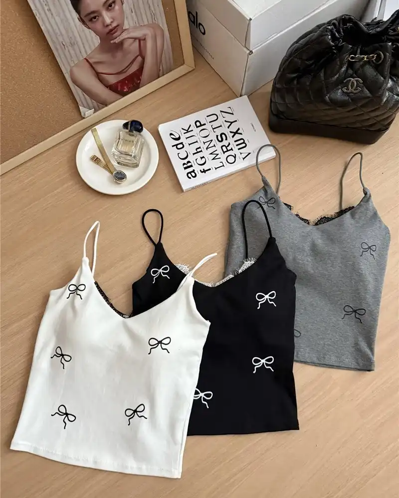 Product image of Ribbon Print Lace-Trimmed Camisole with Integrated Padding