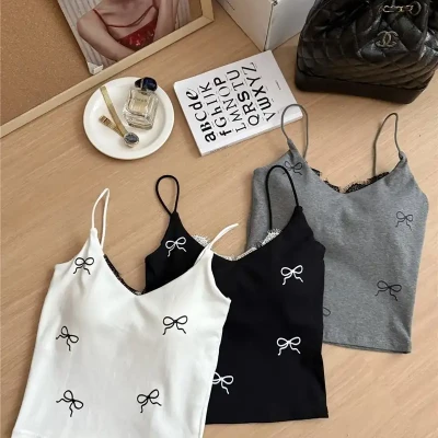 Ribbon Print Lace-Trimmed Camis...