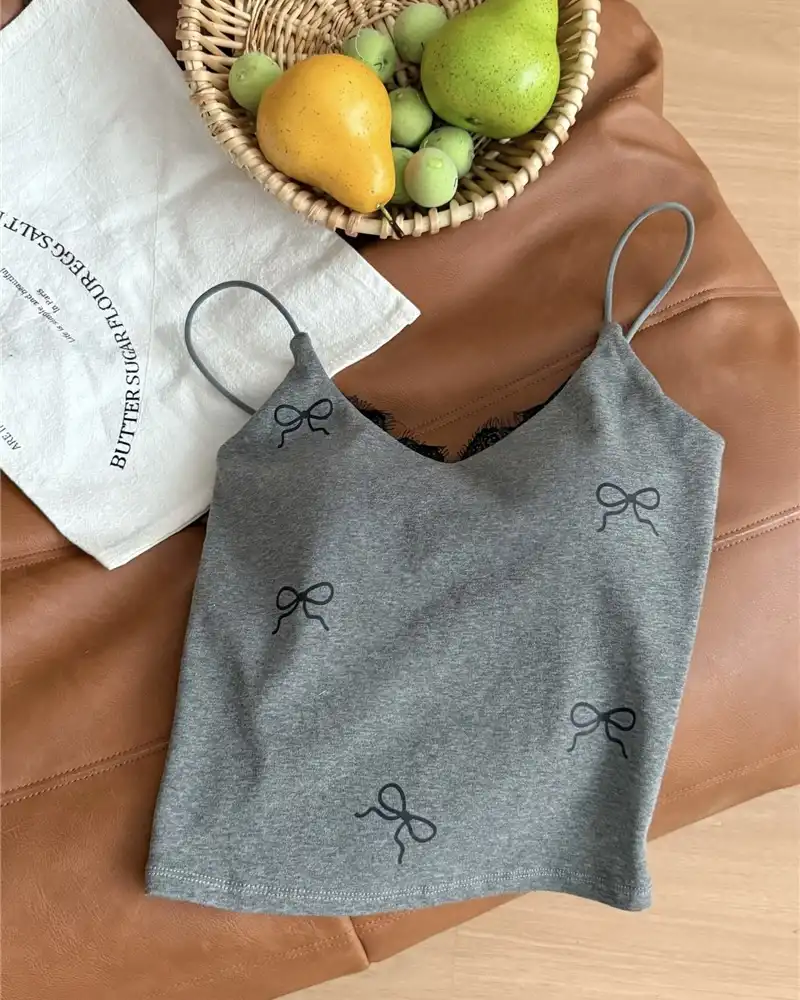 Product image of Ribbon Print Lace-Trimmed Camisole with Integrated Padding