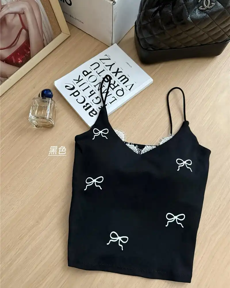 Product image of Ribbon Print Lace-Trimmed Camisole with Integrated Padding