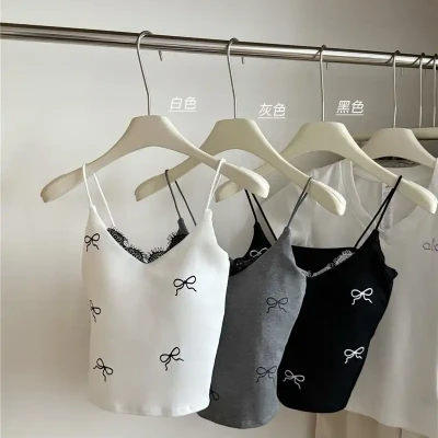 Ribbon Print Lace-Trimmed Camis...