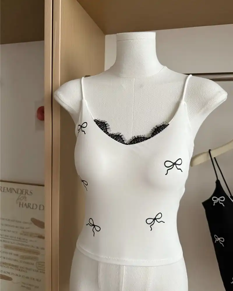 Product image of Ribbon Print Lace-Trimmed Camisole with Integrated Padding