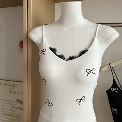 Ribbon Print Lace-Trimmed Camis...