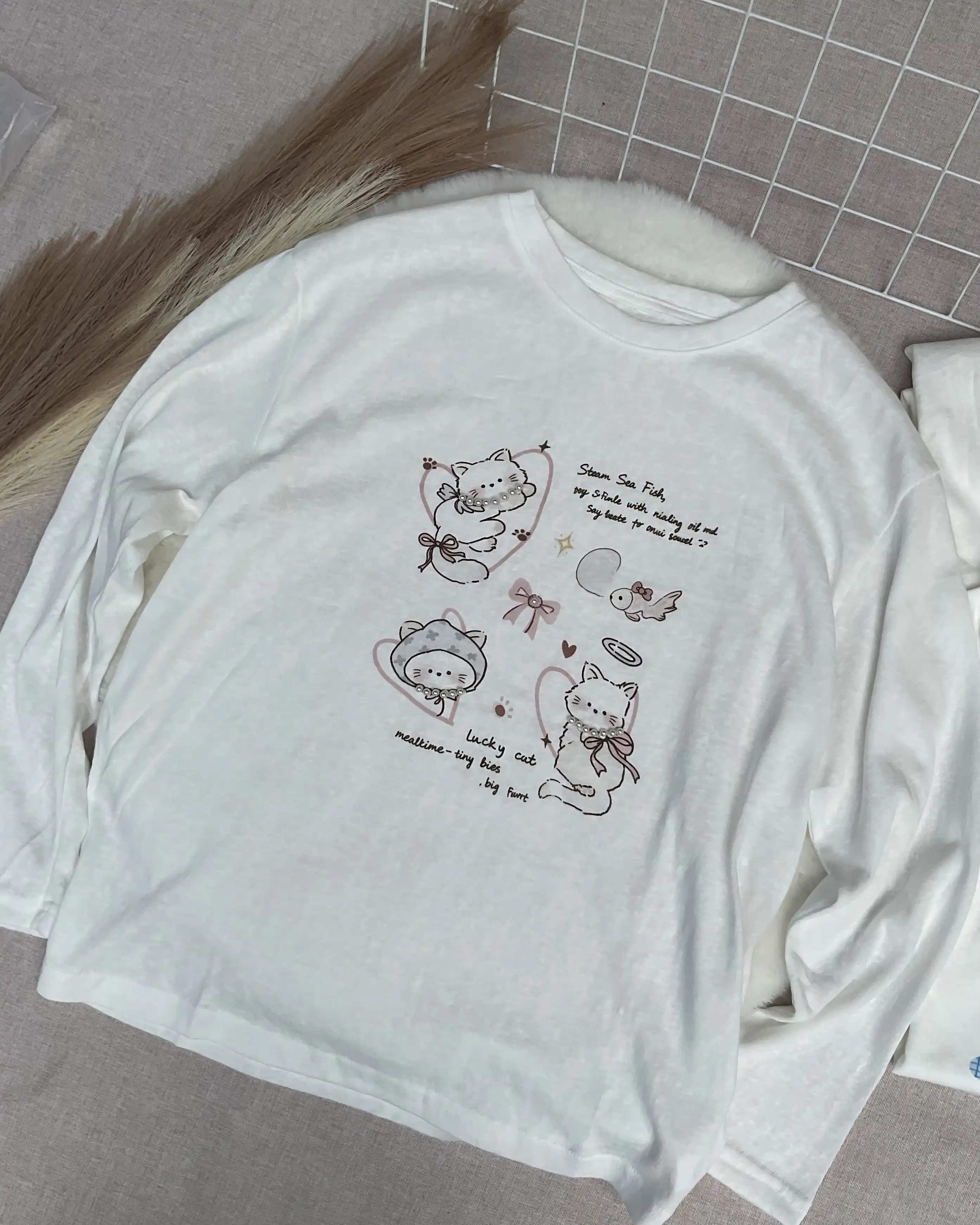 Product image of Tencel Breeze Full Sleeve Tee - Lucky Cat ( Pearl Detail)