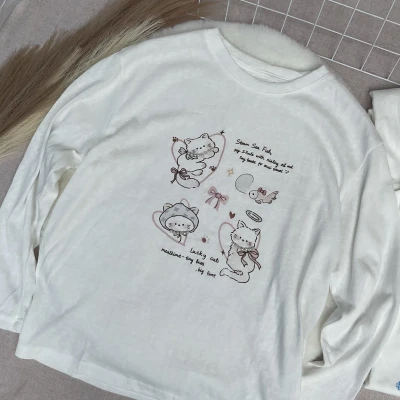 Tencel Breeze Full Sleeve Tee - Lucky Cat ( Pearl Detail)