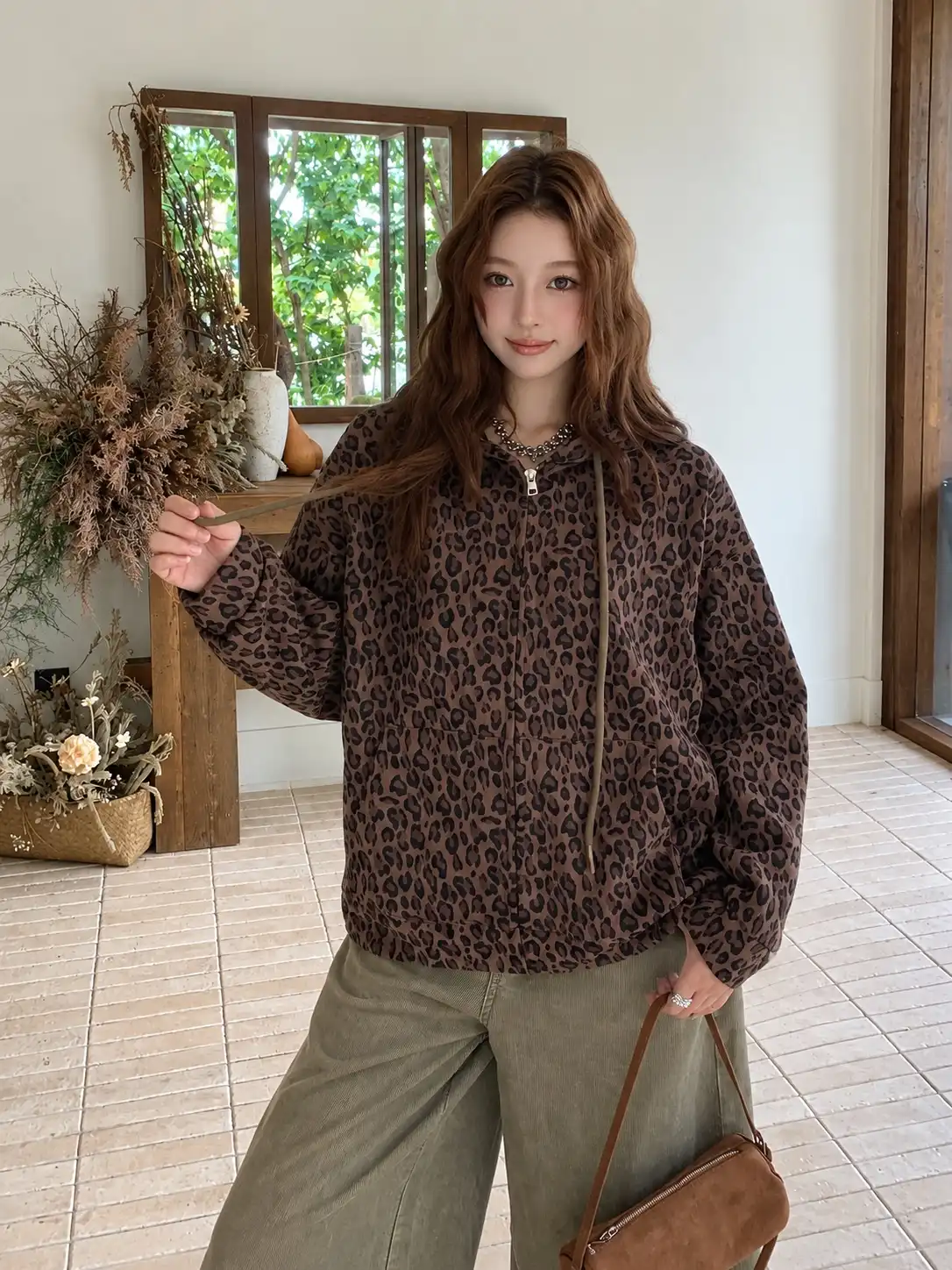 Product image of Y2K Oversized Leopard Print Full-Zip Hoodie
