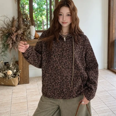 Y2K Oversized Leopard Print Full-Zip Hoodie