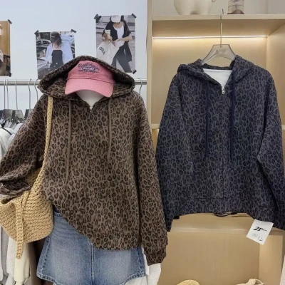 Y2K Oversized Leopard Print Full-Zip Hoodie
