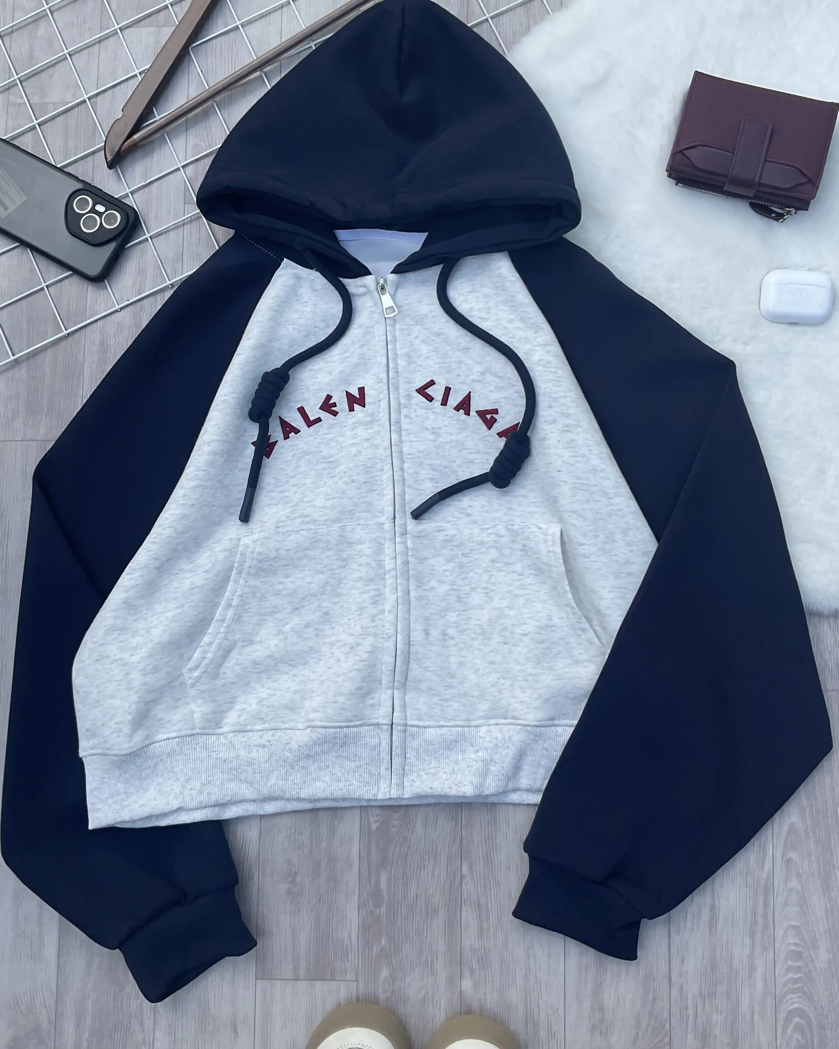 Product image of Raglan Sleeve Oversized Cropped Zip-Up Hoodie