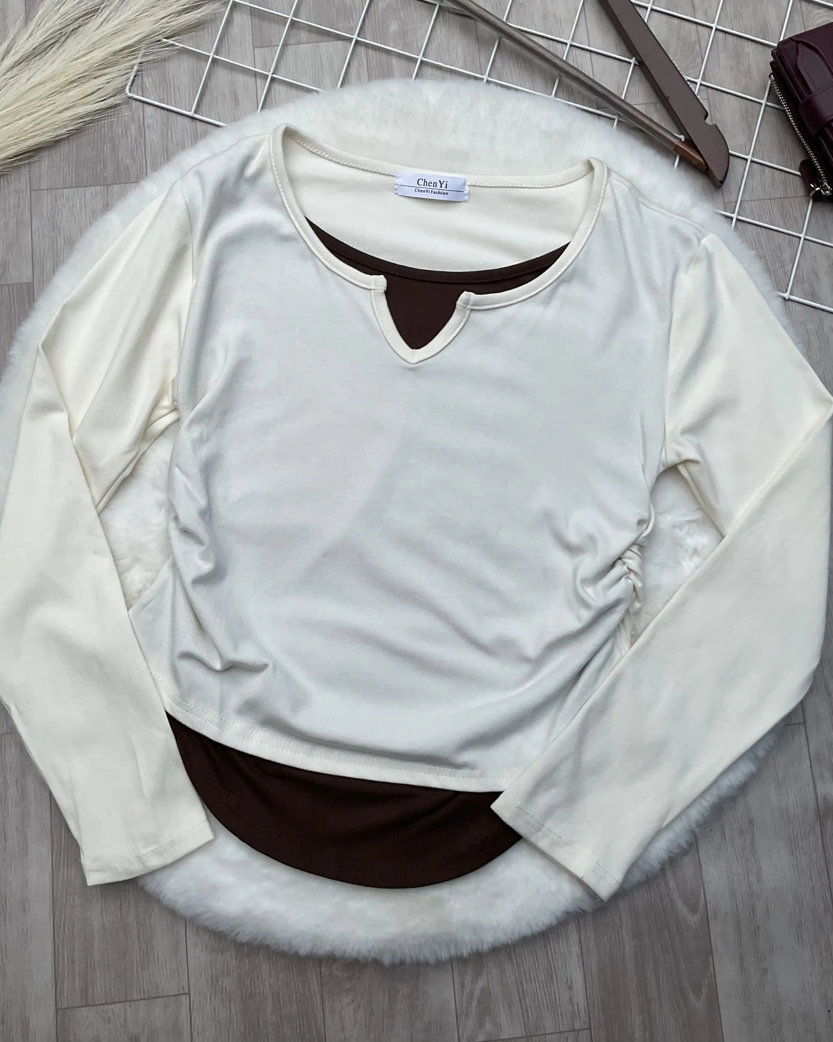 Product image of Layered Notch Neck Ruched Long Sleeve Top