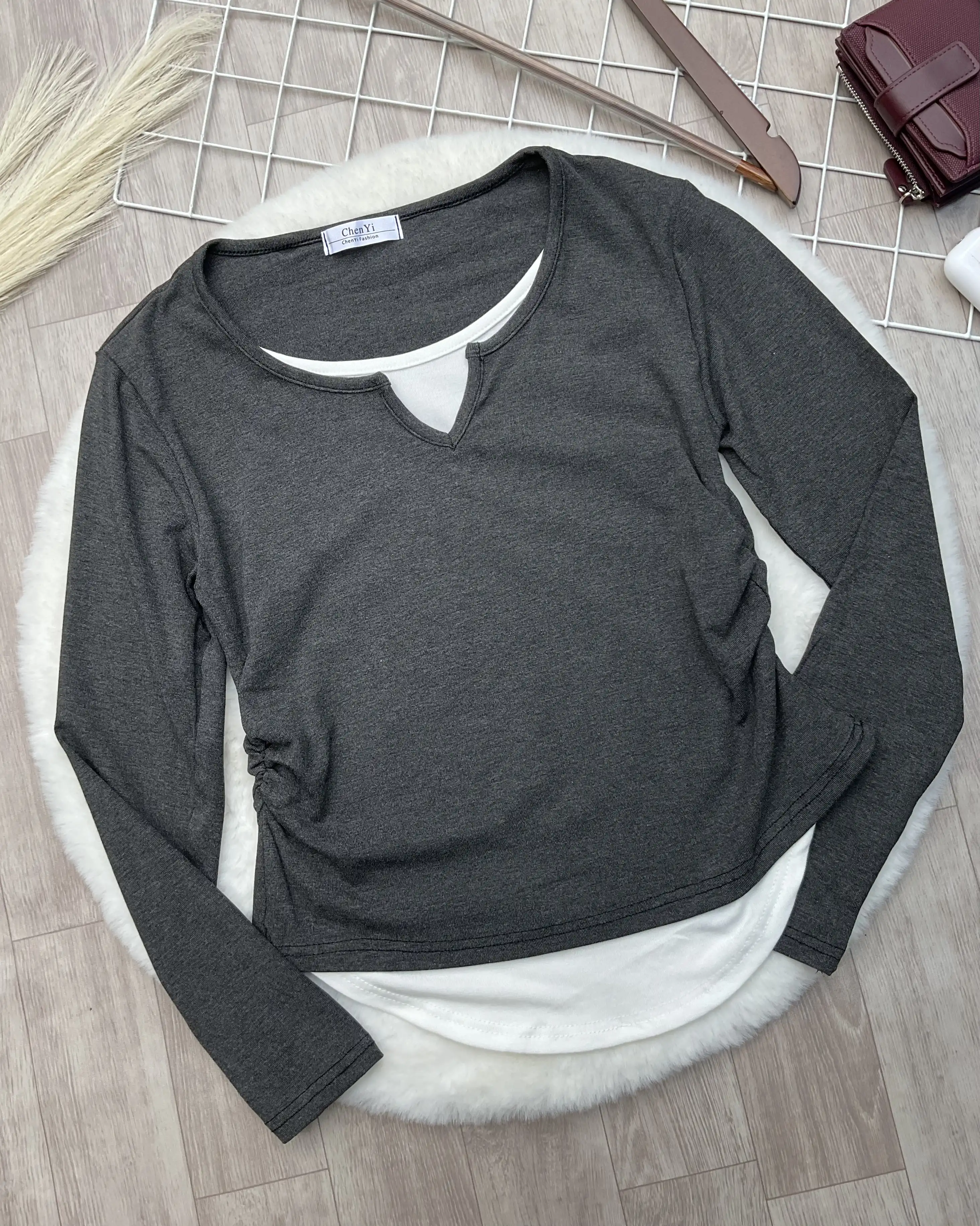 Product image of Layered Notch Neck Ruched Long Sleeve Top
