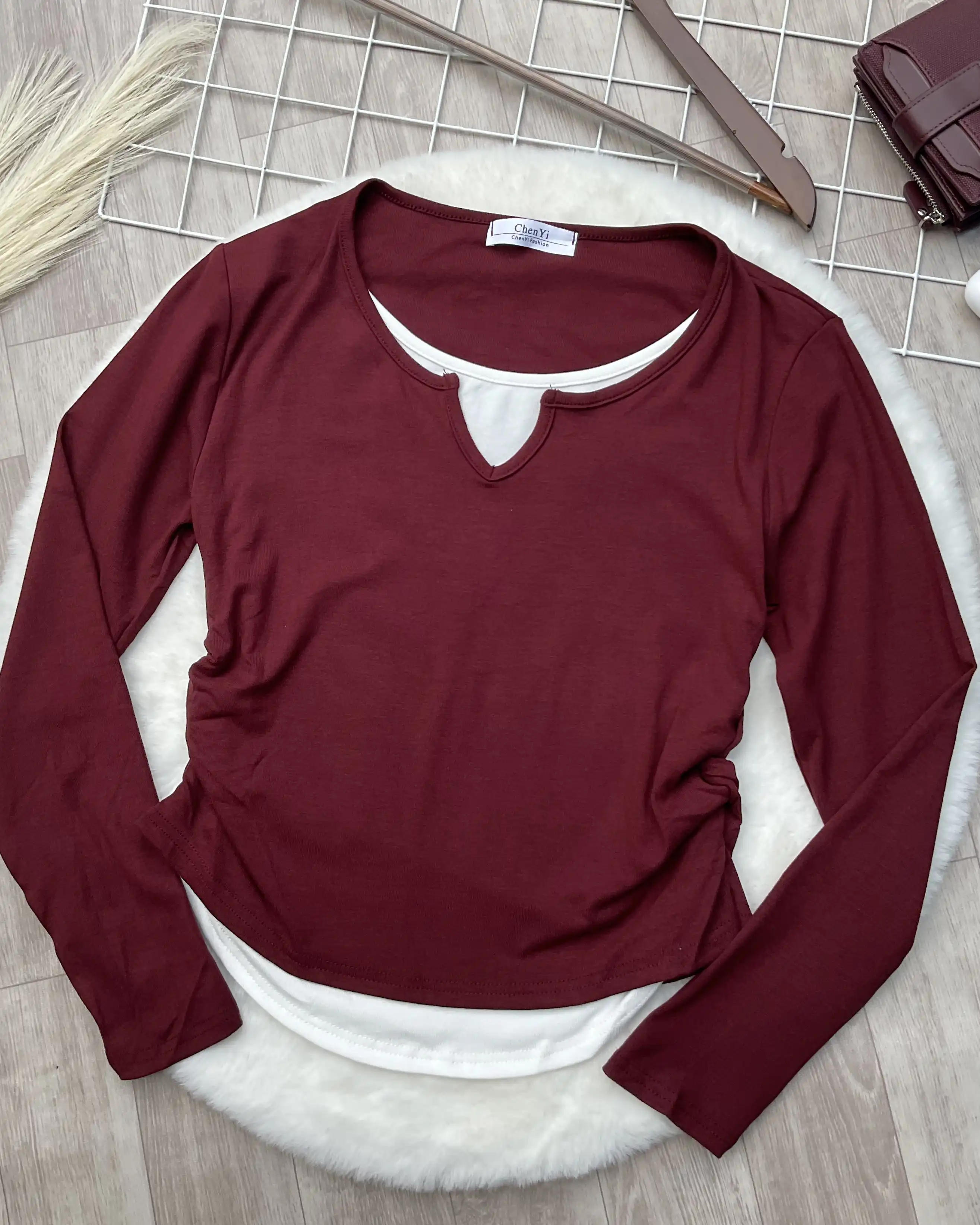 Product image of Layered Notch Neck Ruched Long Sleeve Top