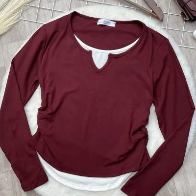 Layered Notch Neck Ruched Long Sleeve Top