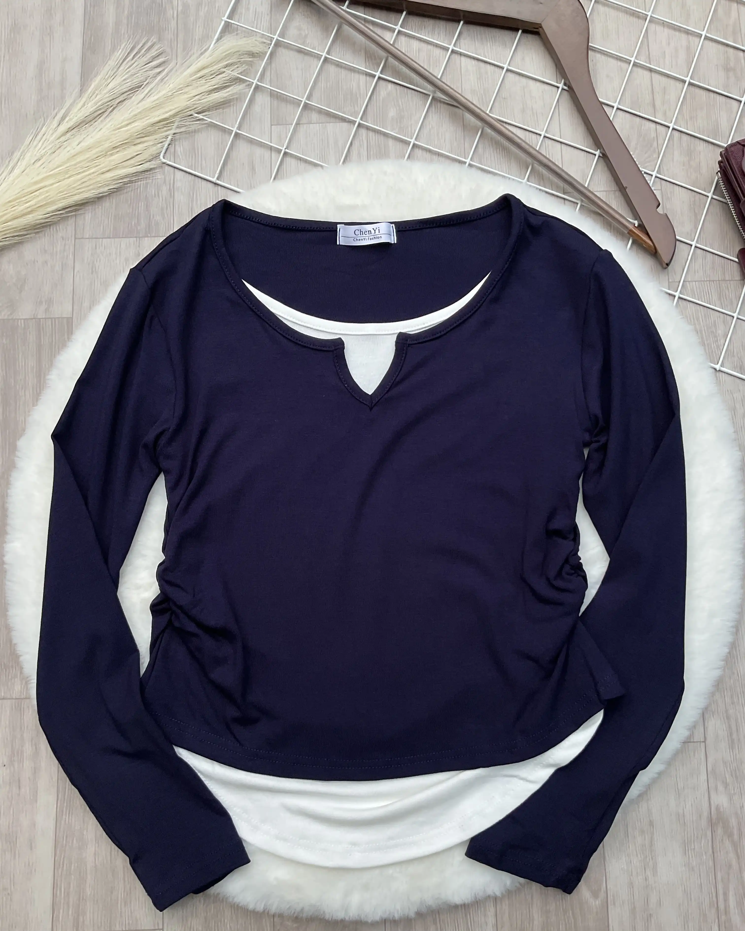 Product image of Layered Notch Neck Ruched Long Sleeve Top