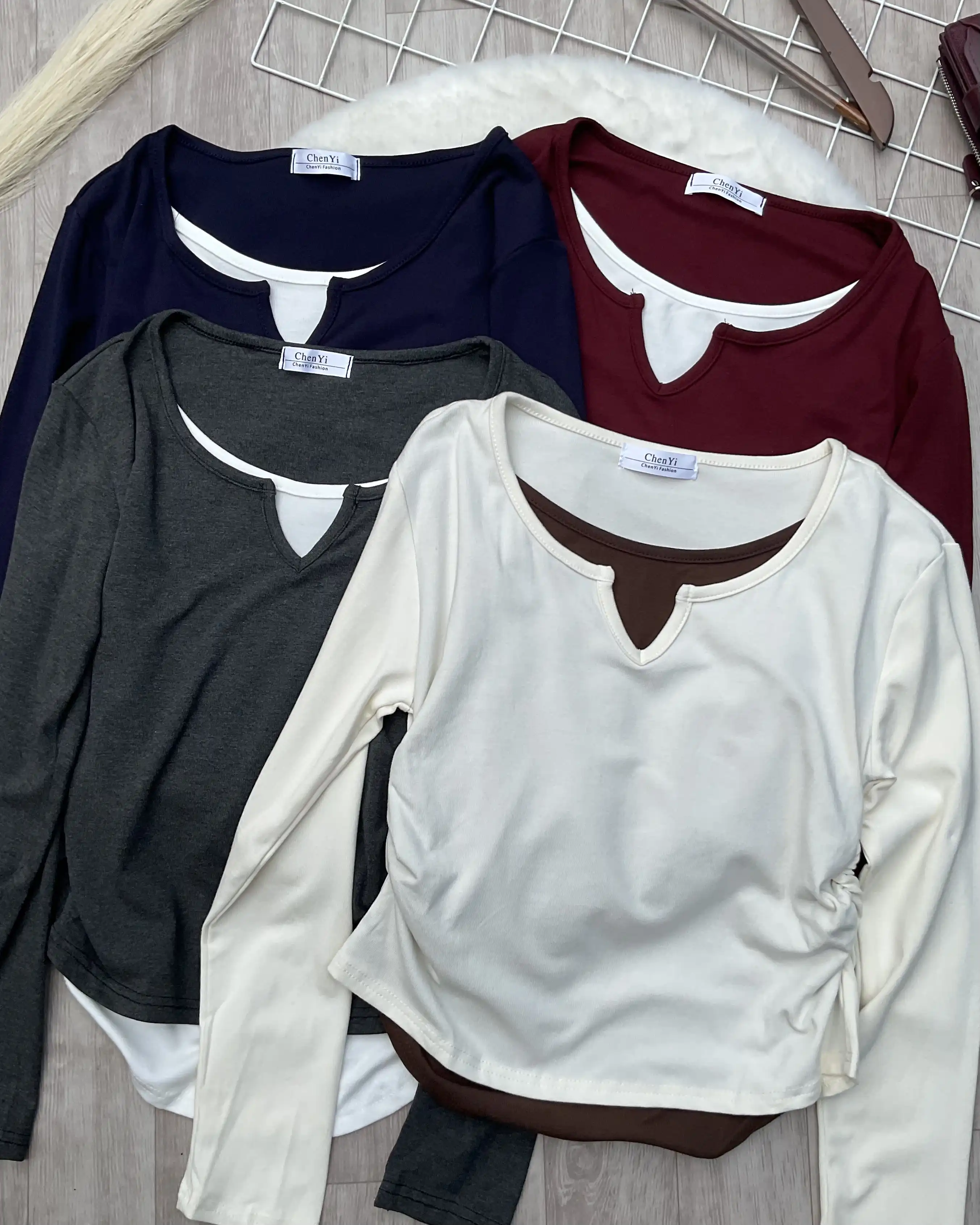 Product image of Layered Notch Neck Ruched Long Sleeve Top