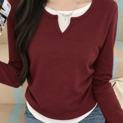 Layered Notch Neck Ruched Long Sleeve Top