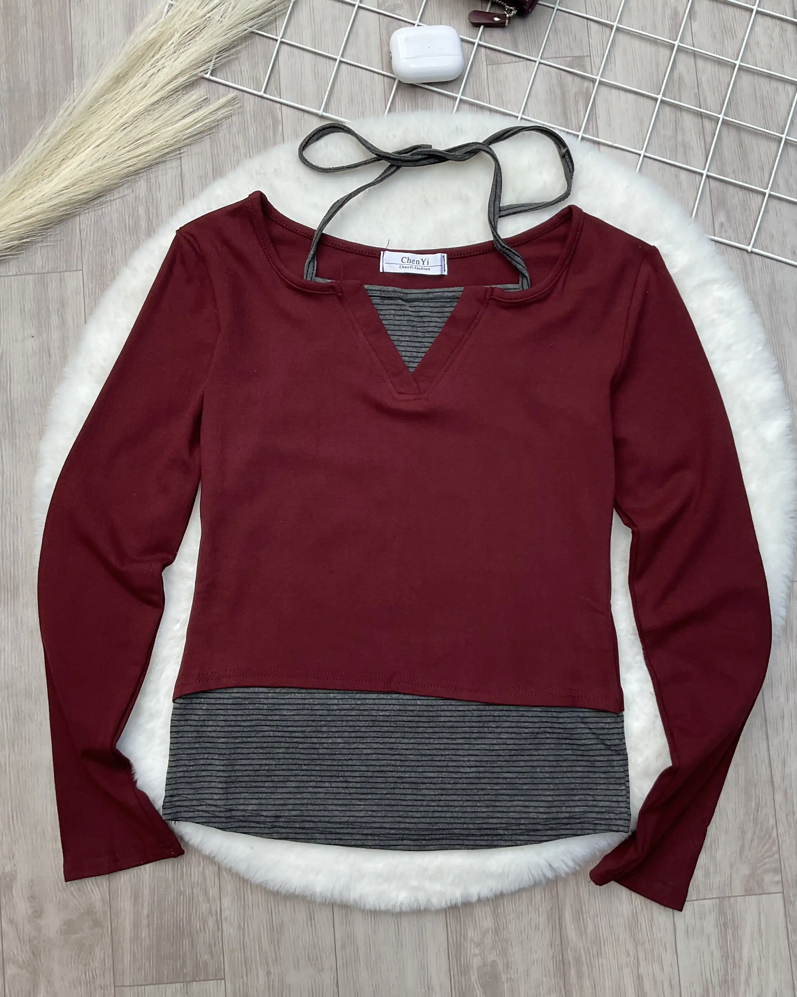 Product image of Halter Henley Layered Stripe Top