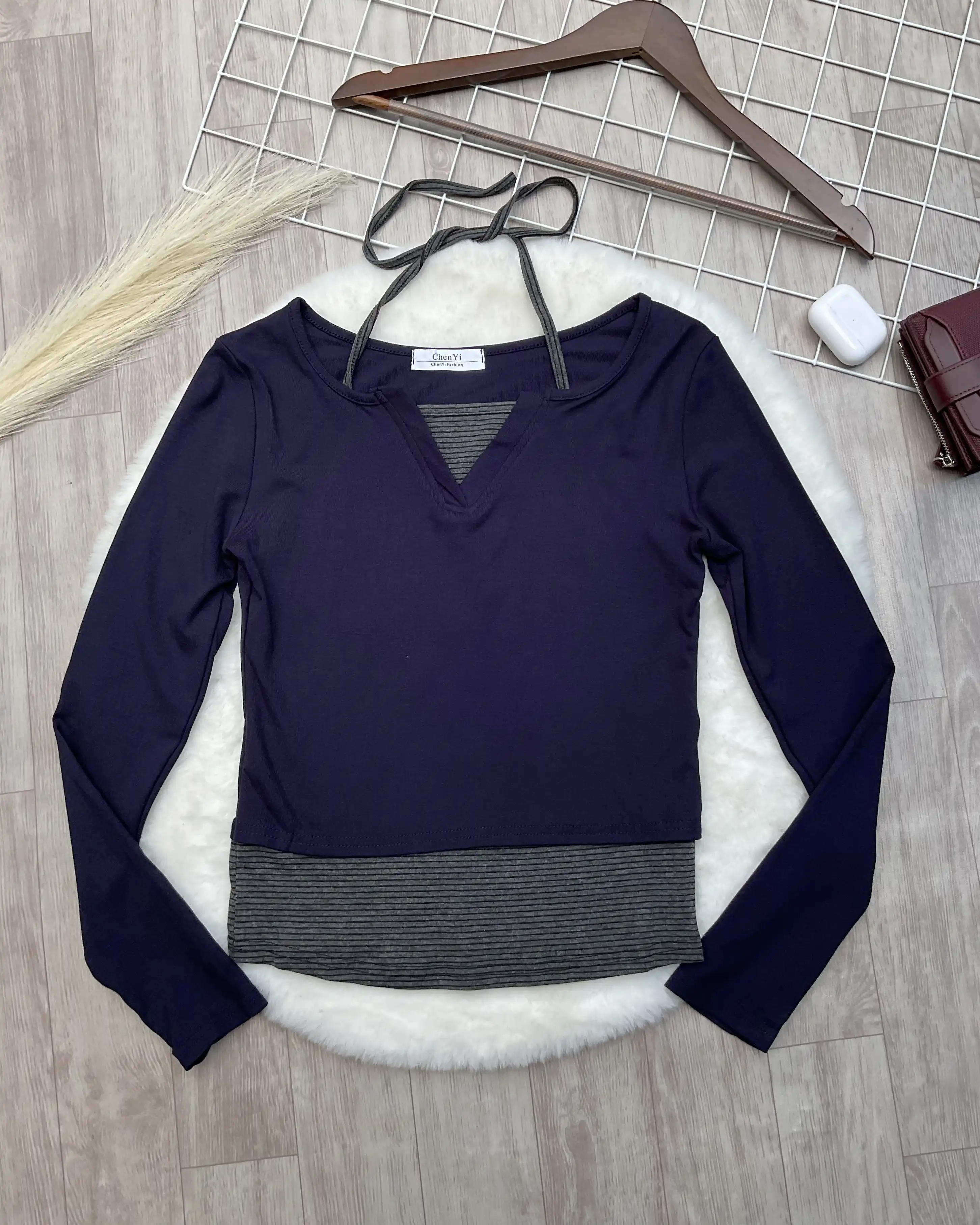 Product image of Halter Henley Layered Stripe Top