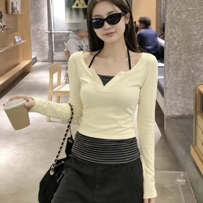Halter Henley Layered Stripe Top