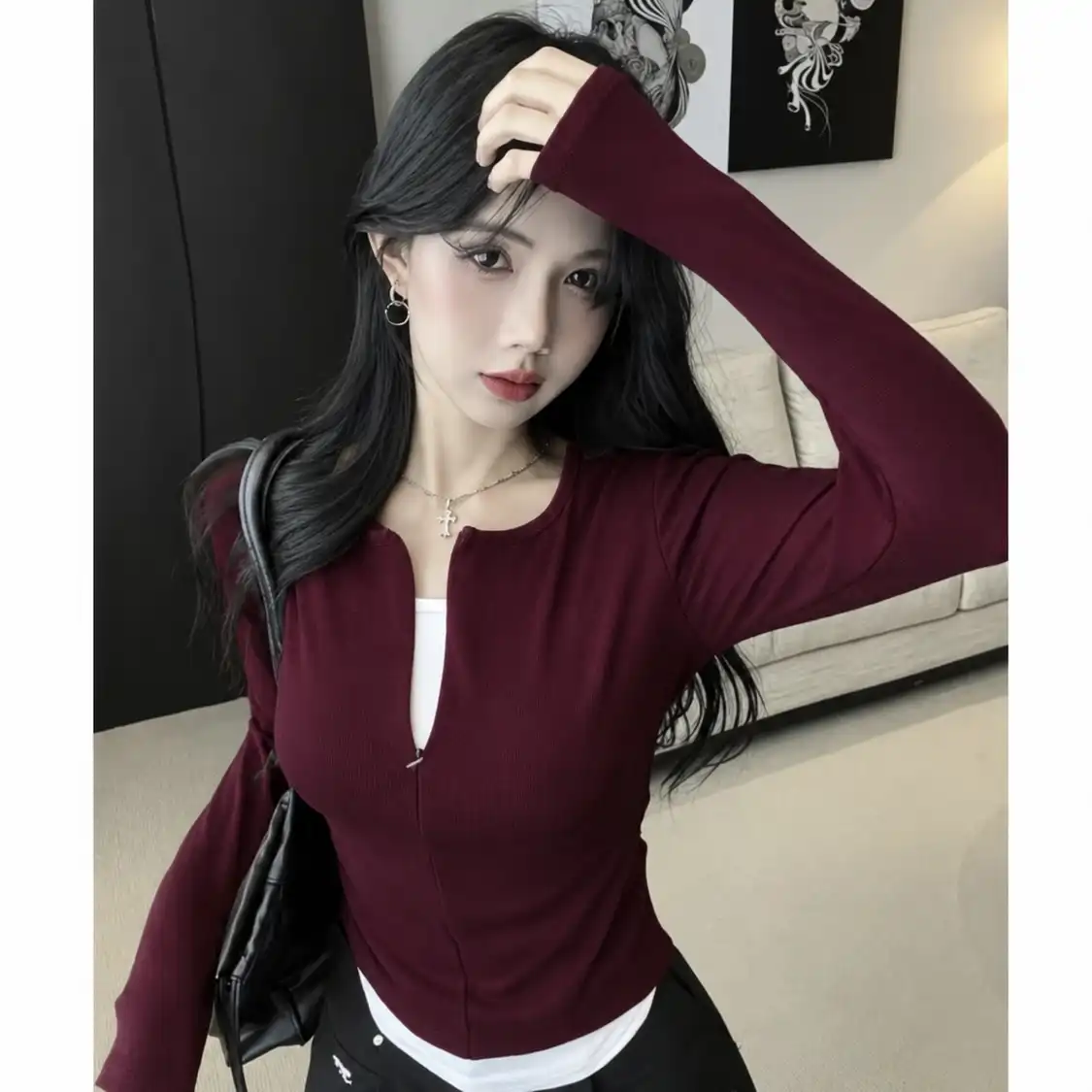 Product image of Zip Up Henley Layered Top