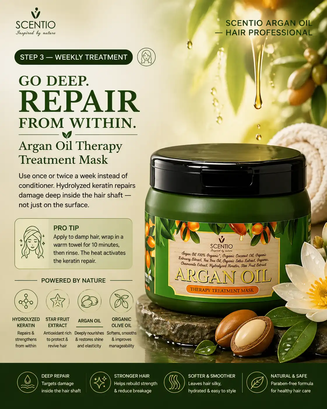 Product image of Scentio Hair Professional Argan Oil Therapy Treatment Mask – Deep Repair & Shine  - Beauty Buffet