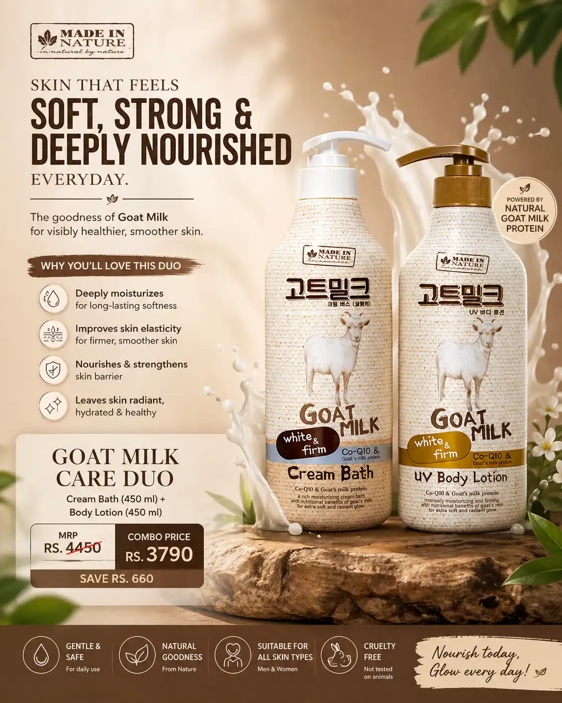 Product image of Made in Nature Goat Milk Cream Bath + UV Body Lotion Combo (Co-Q10 & Goat Milk Protein) – Deep Nourishment Set
